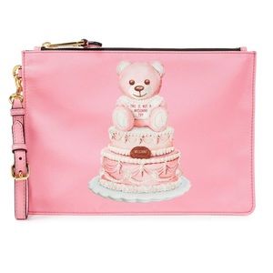 MOSCHINO COUTURE Leather Trimmed Printed Satin Twill Pink Pouch Clutch Bag - NEW